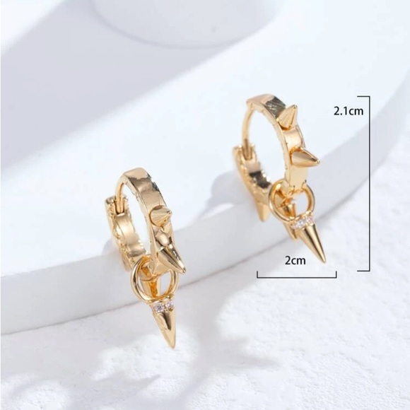 Elegantly Edgy Dainty Gold Dangle Spike Huggie Hoop Earrings - Picture 8 of 8
